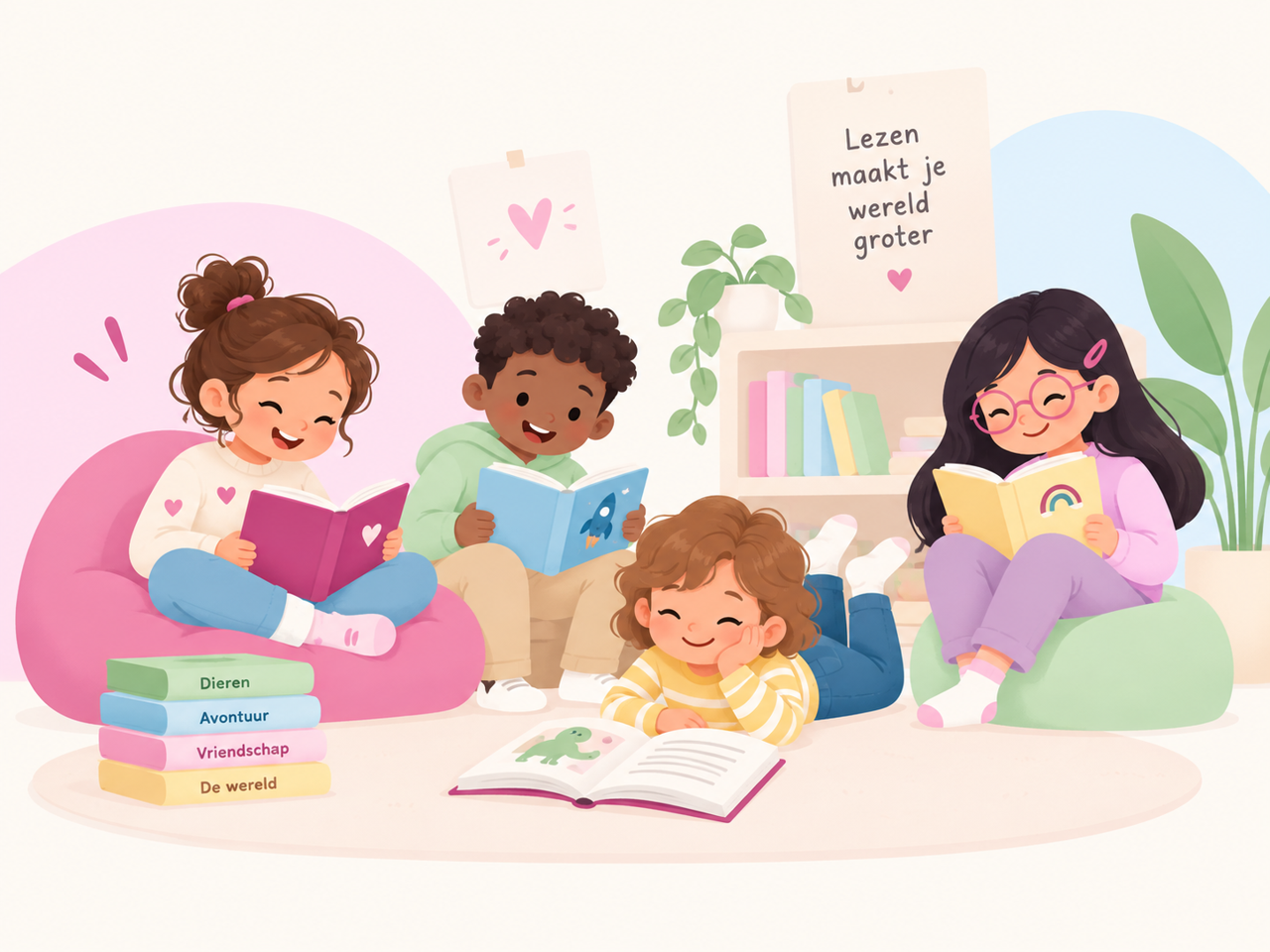 Gezellige leeshoek waar kinderen ontspannen samen lezen